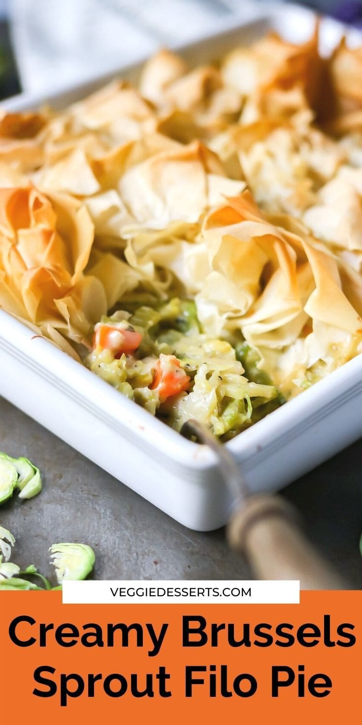Close up of phyllo pie with text: Creamy Brussels Sprout Filo Pie.