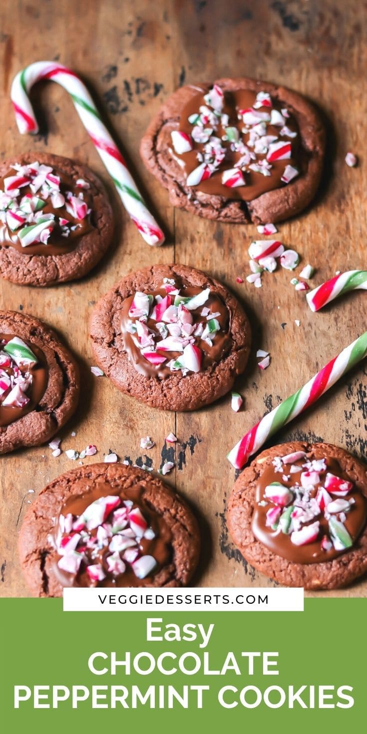 Cookies next to candy canes, with text: Chocolate Peppermint Cookies