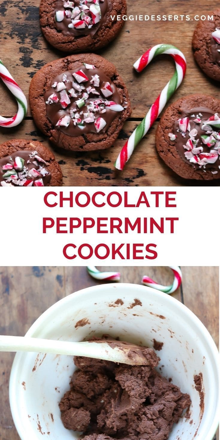 Cookies next to candy canes, with text: Chocolate Peppermint Cookies