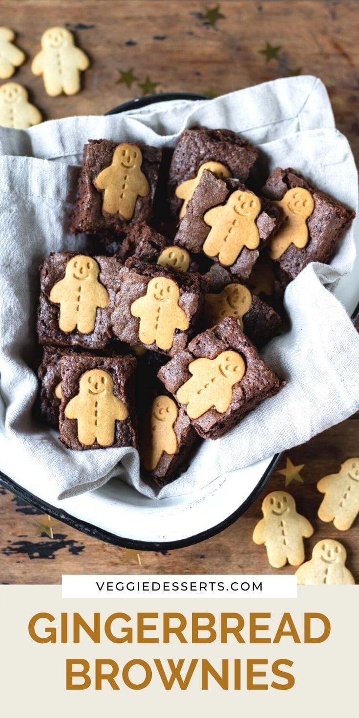 Dish of brownies with text: Gingerbread Brownies.