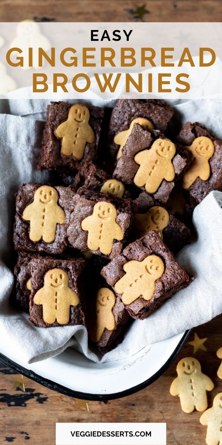 Close up of brownies, with text: easy gingerbread brownies.