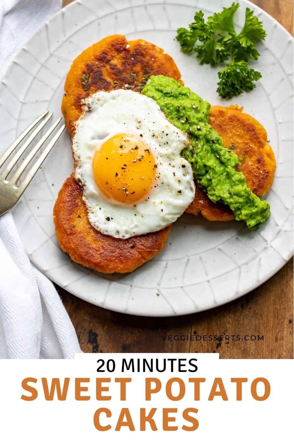 Egg on fried sweet potato cakes.