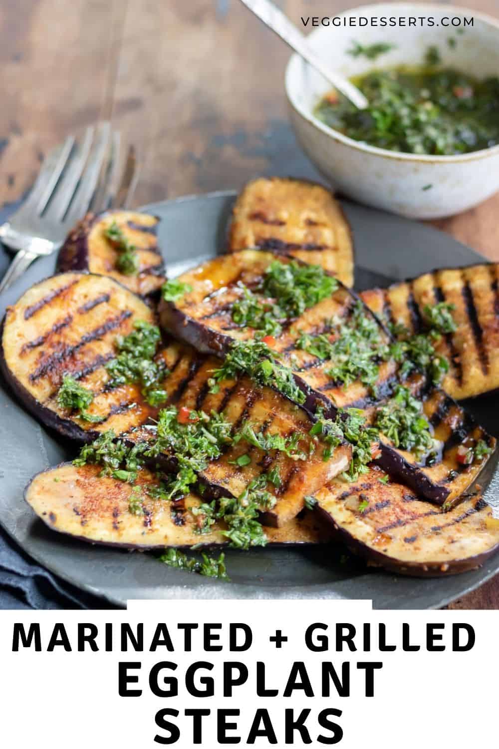 Plate of grilled vegan steaks made of eggplant slices.