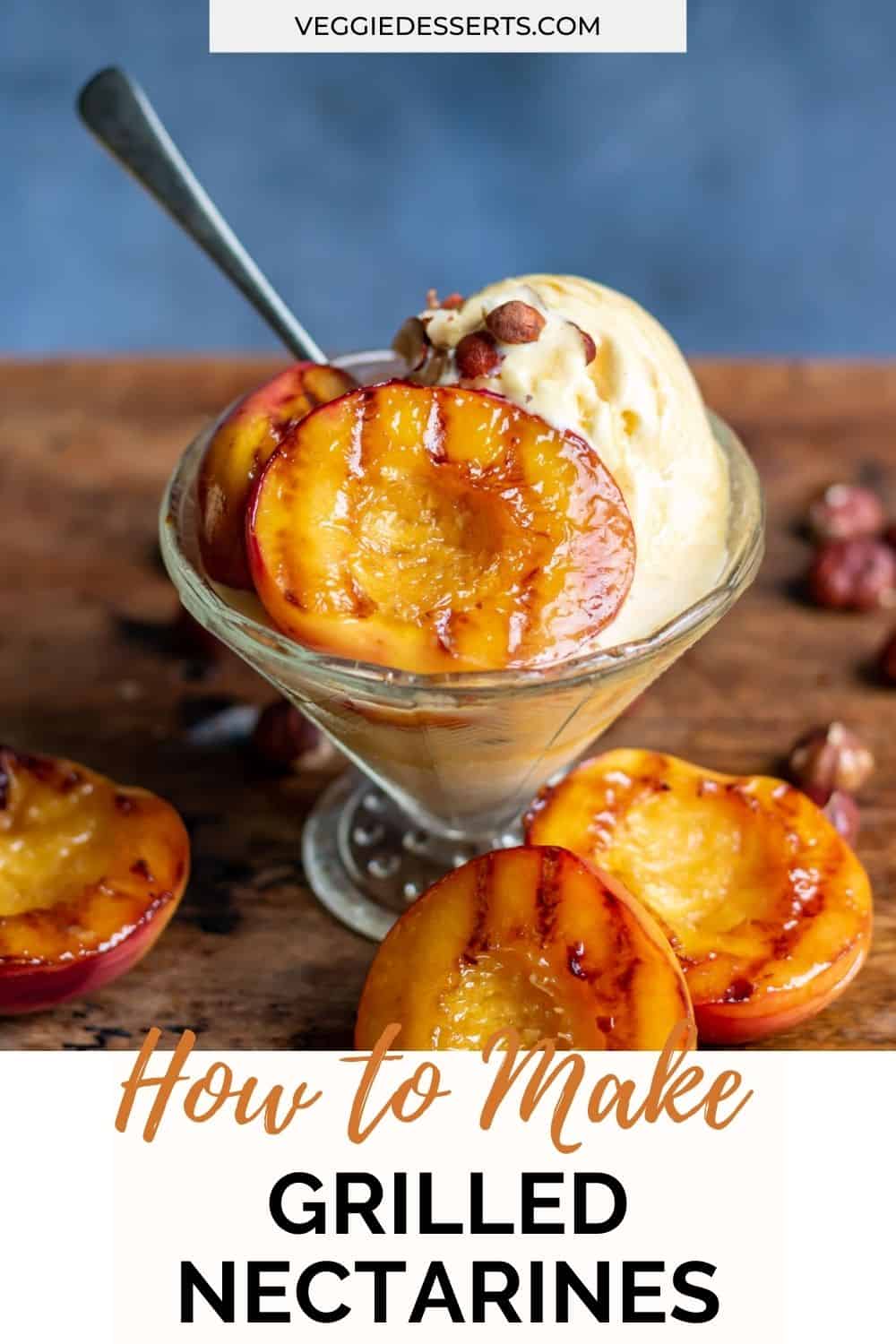 Dish of ice cream and nectarines.