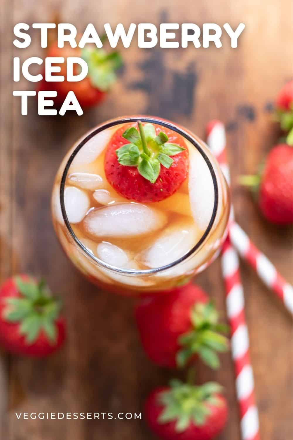 Pitcher of iced tea with text: Strawberry Iced Tea.