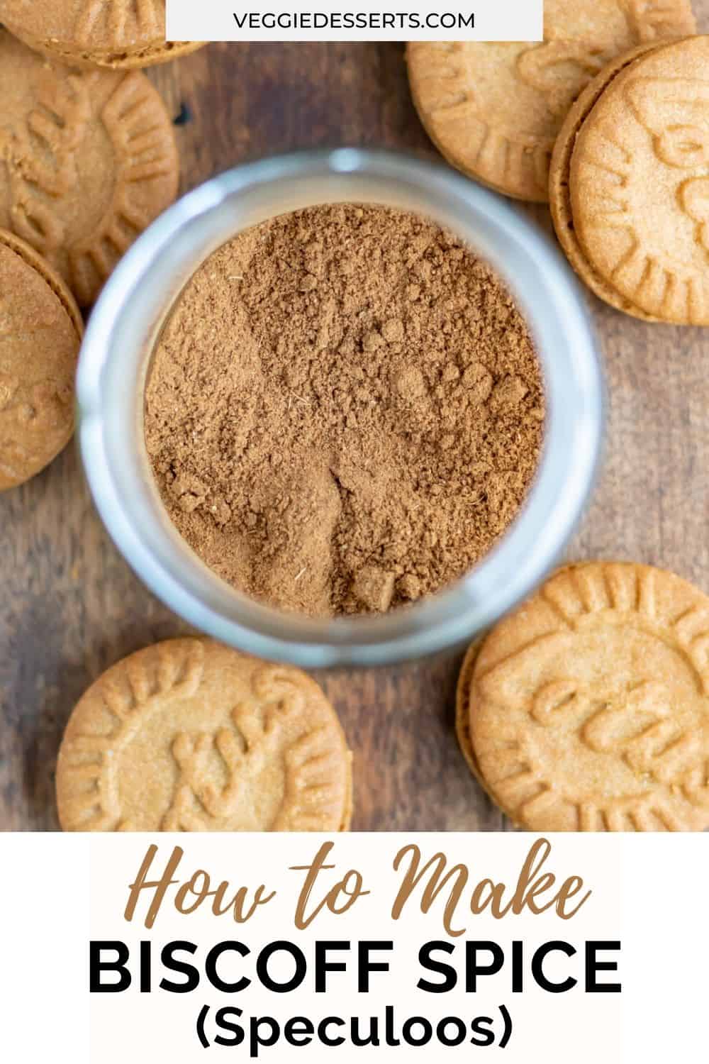Jar of speculoos spice blend surrounded by lotus cookies.