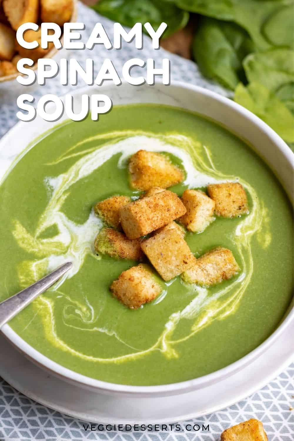 Close up of a bowl of soup with text: Creamy Spinach Soup.