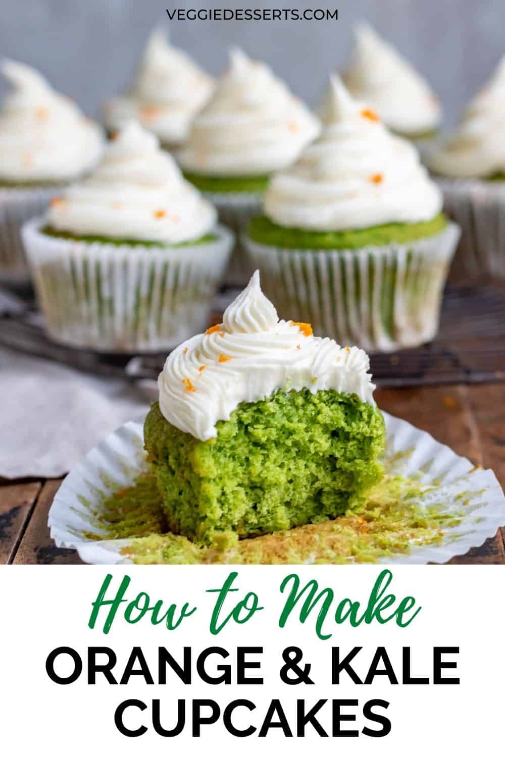 A cupcake with a bite out, and text: How to make orange and kale cupcakes.