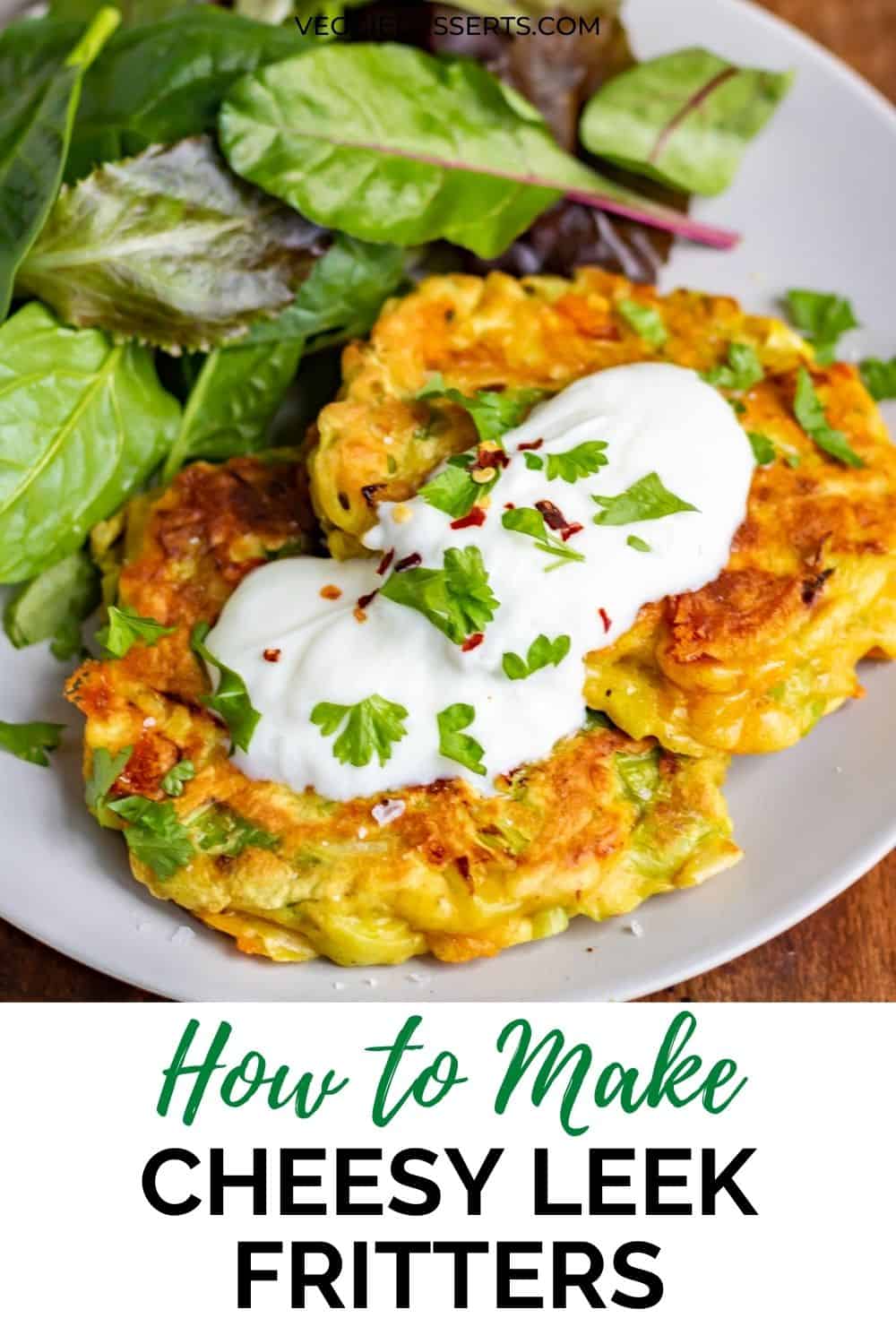 Fritters on a plate, with text: Cheesy Leek Fritters.