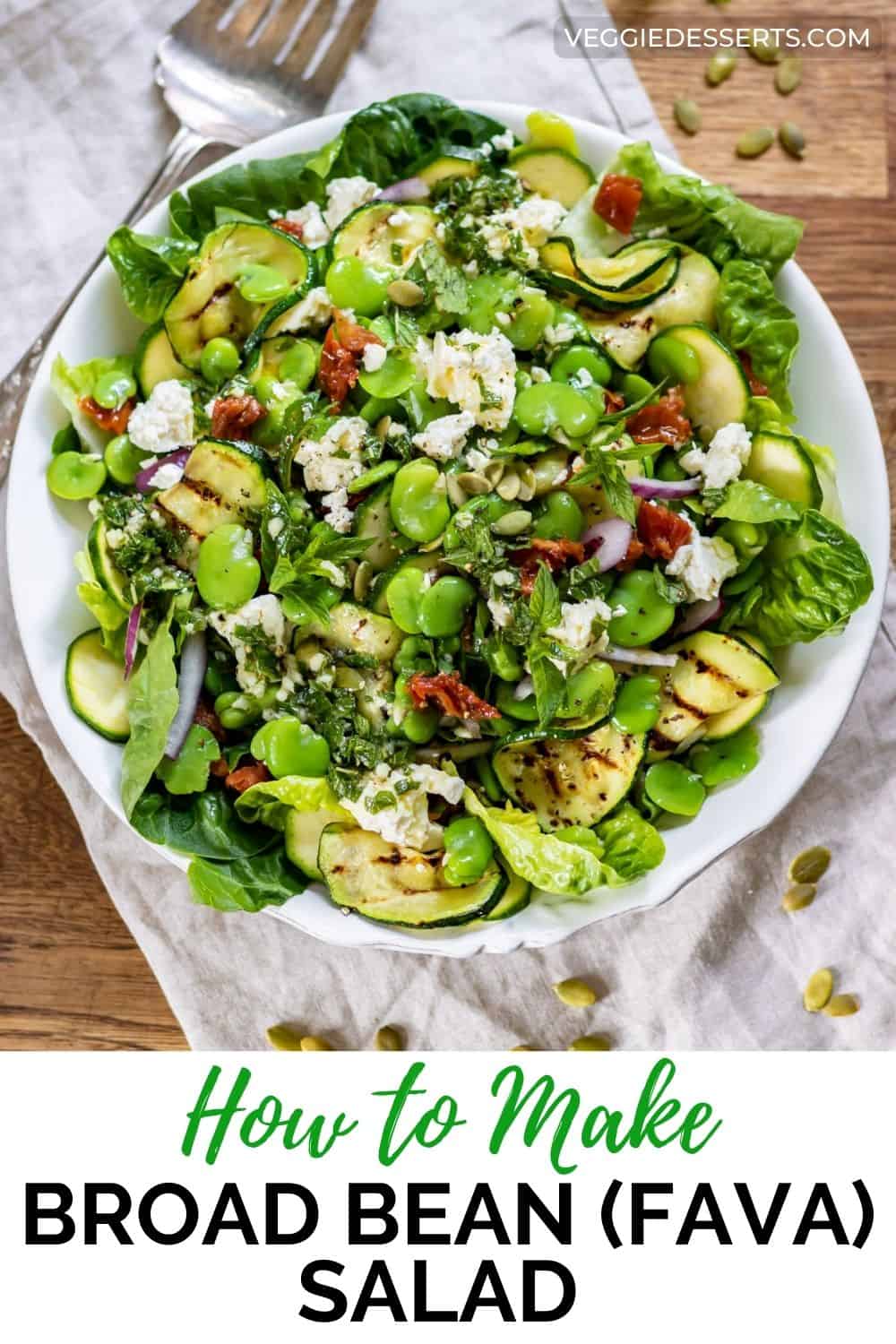 Dish of salad, with text: How to Make Broad Bean Salad.
