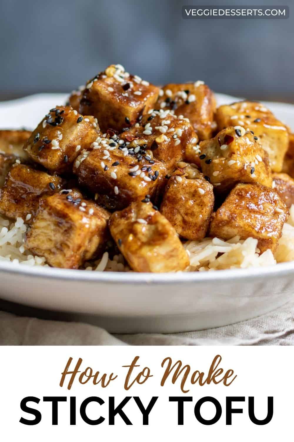 Plate of rice and tofu, with text: How to make sticky tofu.