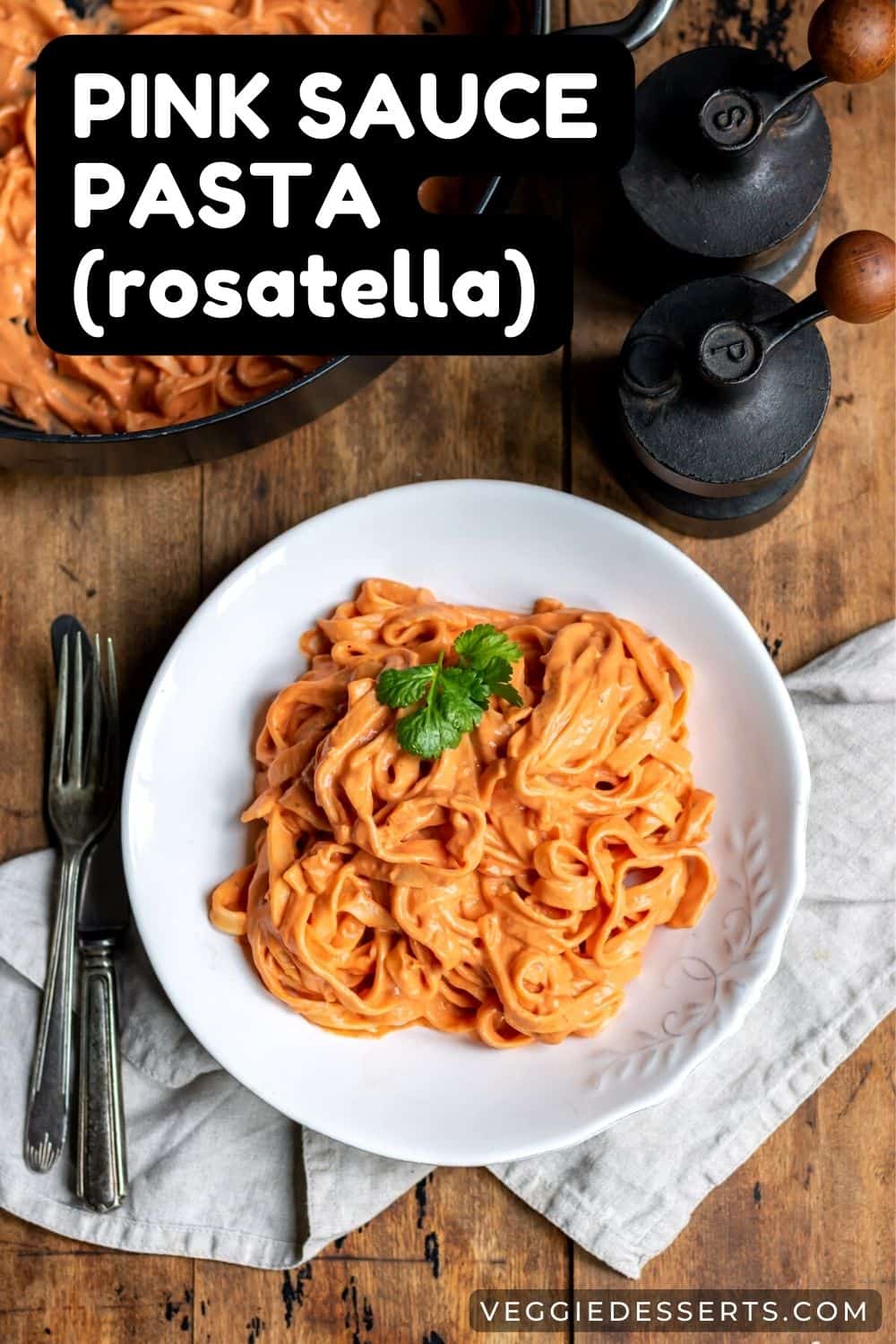 A pate of pasta, with text: Pink Sauce Pasta (rosatella).