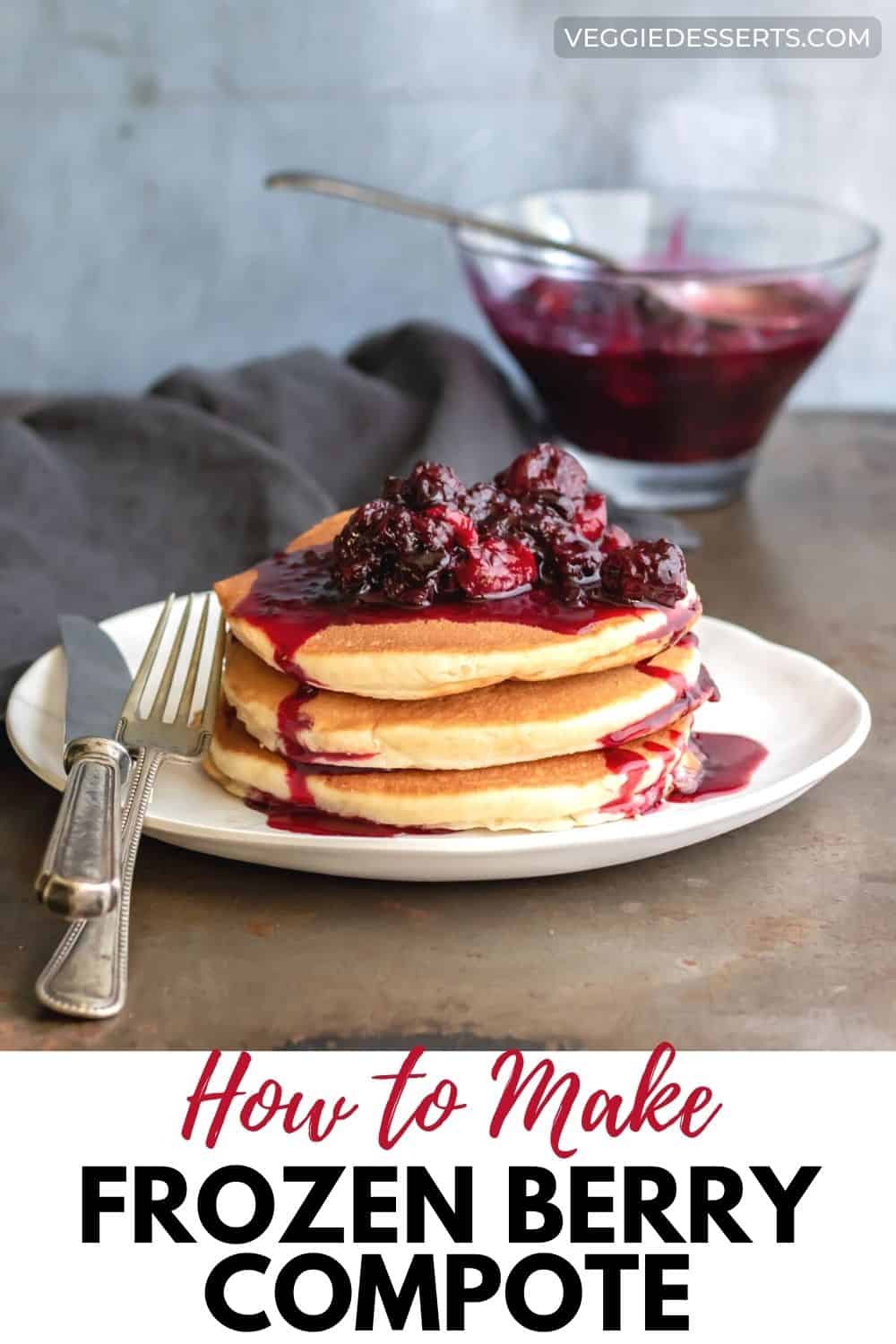Frozen berry compote on a stack of pancakes, on a table.