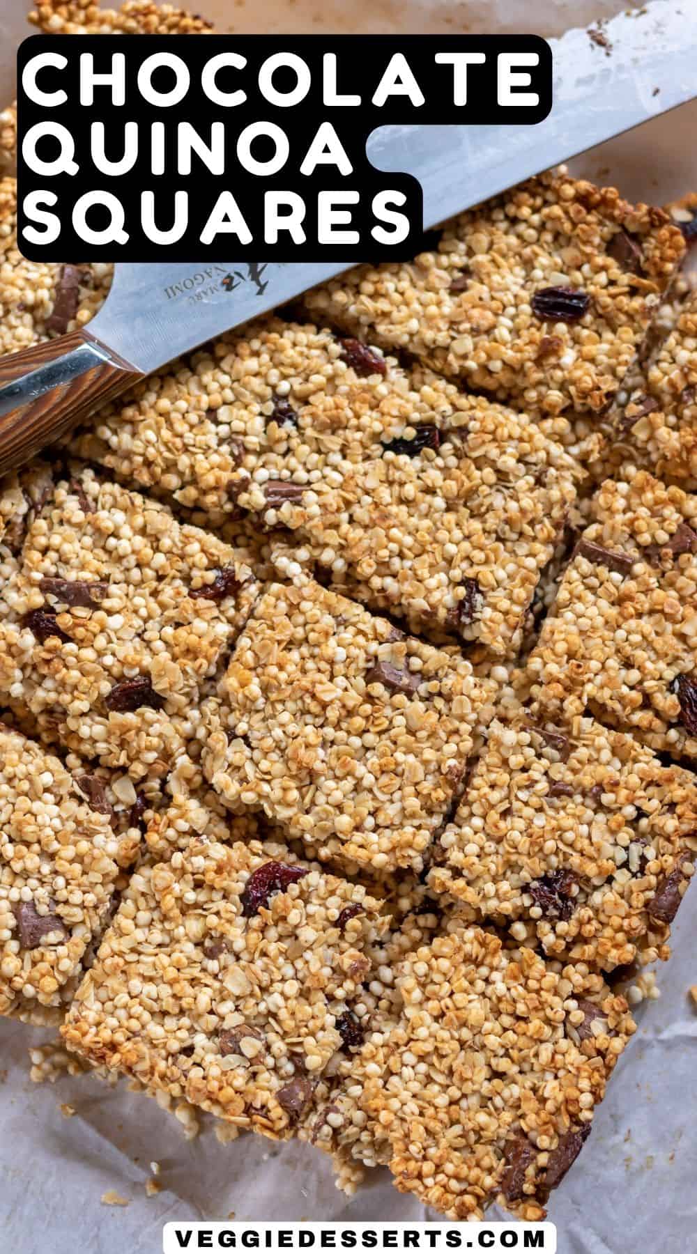 Squares and a knife, with text: Chocolate Quinoa Squares.