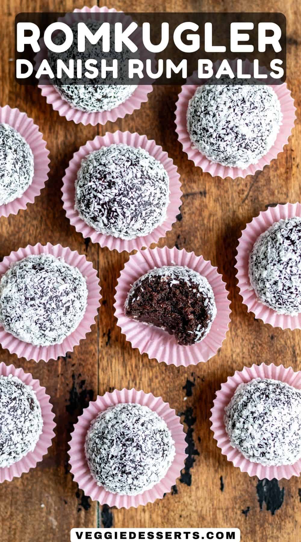 Rows of rum balls, with text: Romkugler Danish Rum Balls.