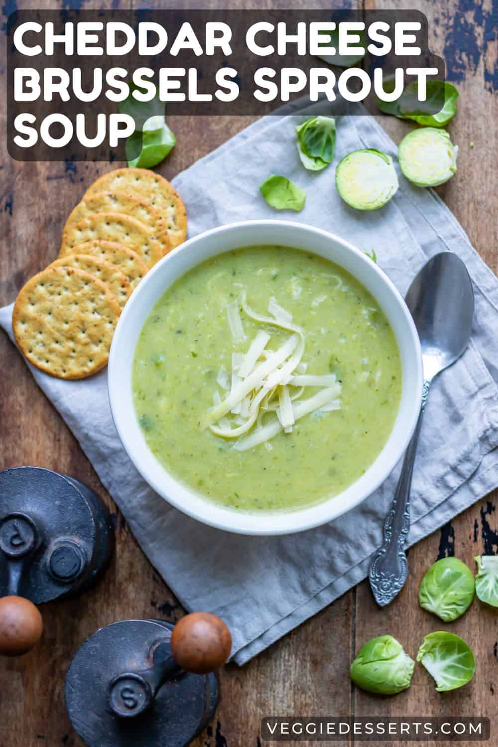 Bowl of soup on a table, with text: Cheddar Cheese Brussels Sprout Soup.
