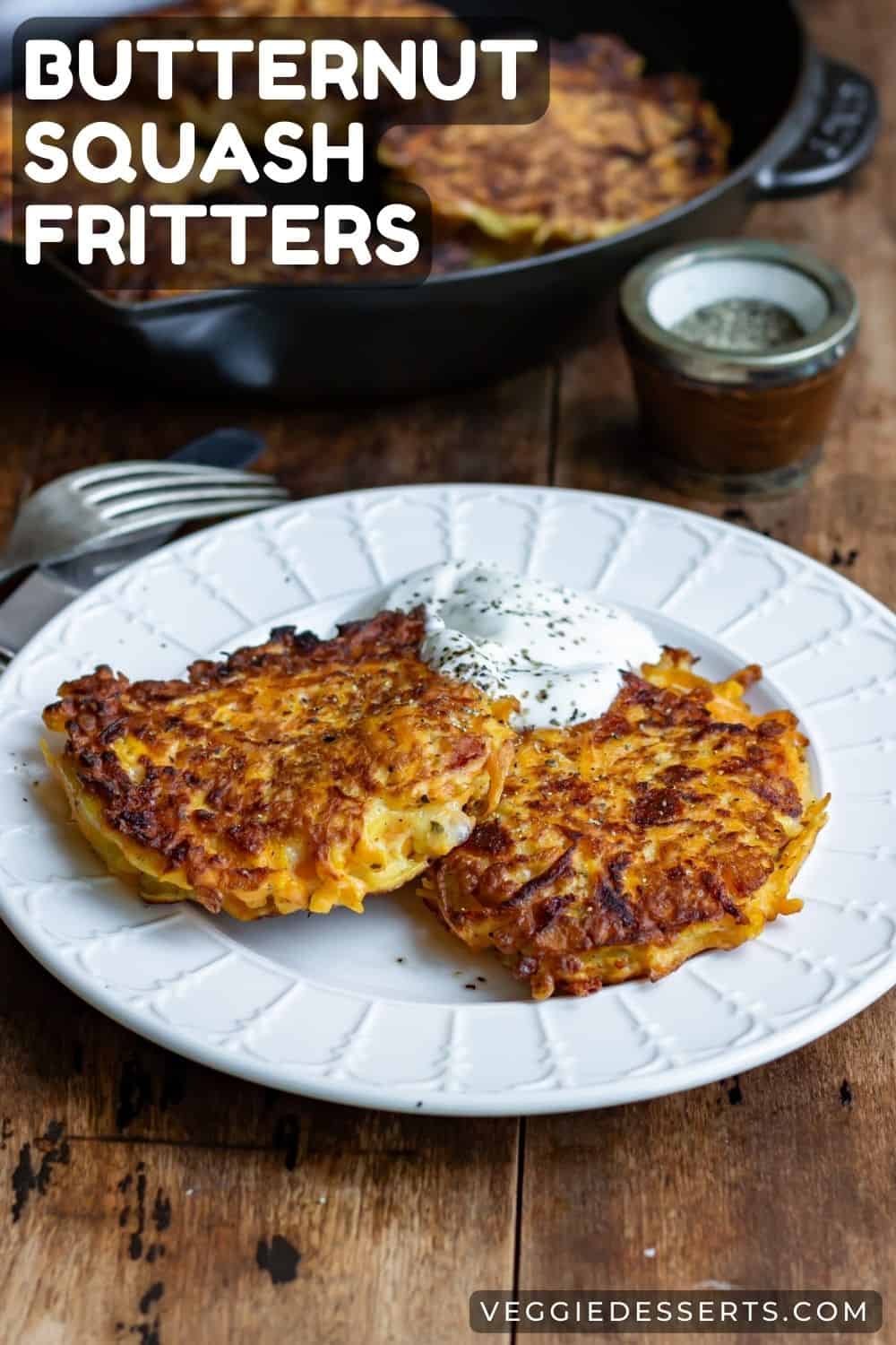 Fritters on a plate, with text: Butternut Squash Fritters.