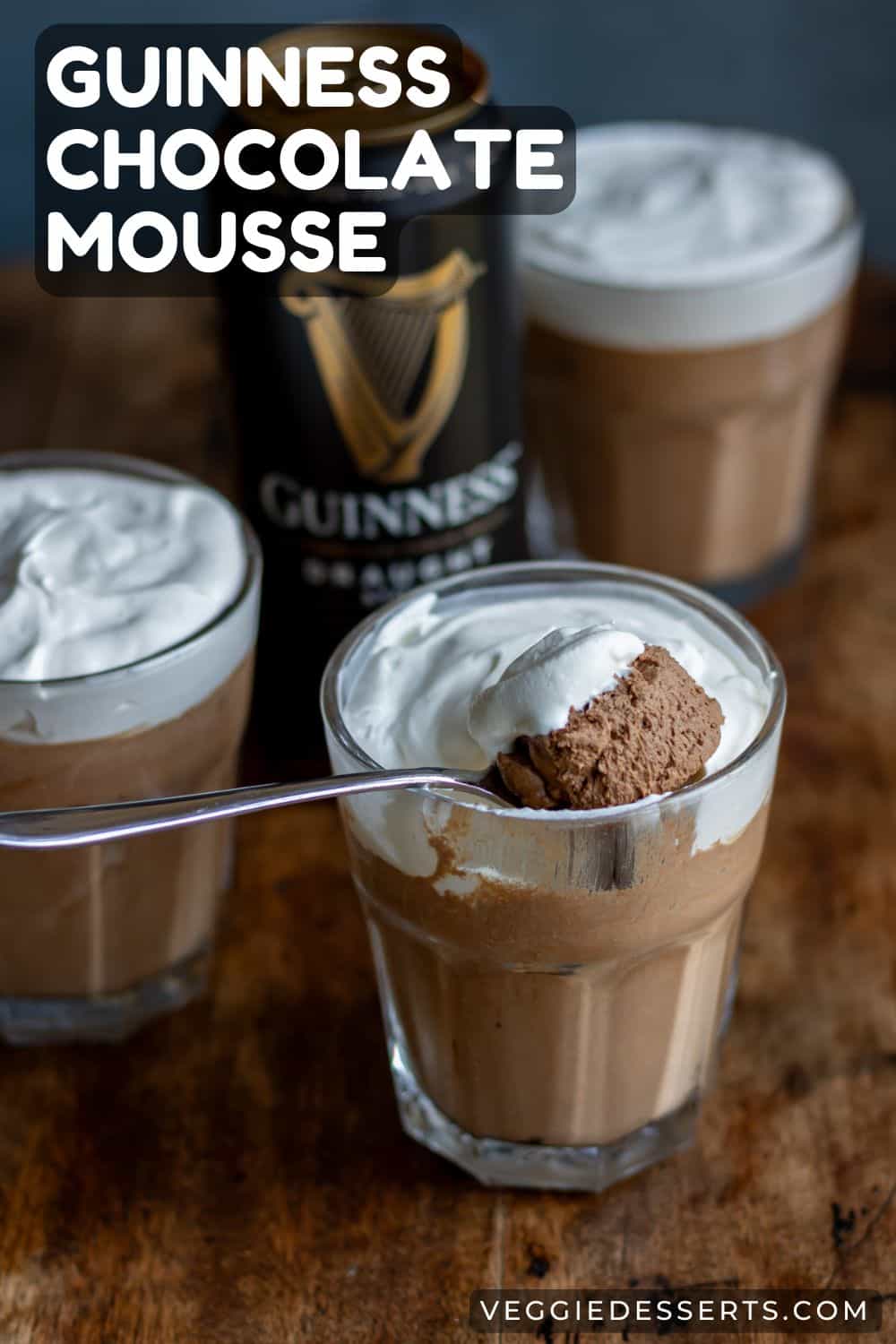 Glasses of mousse with text: Guinness Chocolate Mousse.