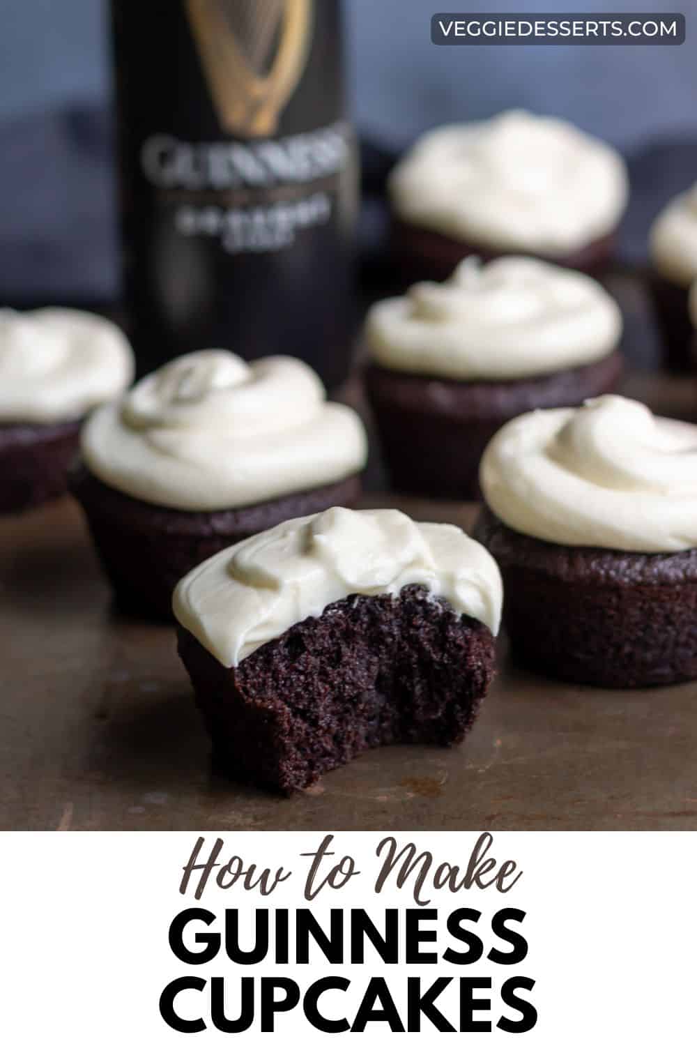 Cupcakes with one with a bite out, and a can of Guinness, with text: How to Make Guinness Cupcakes.