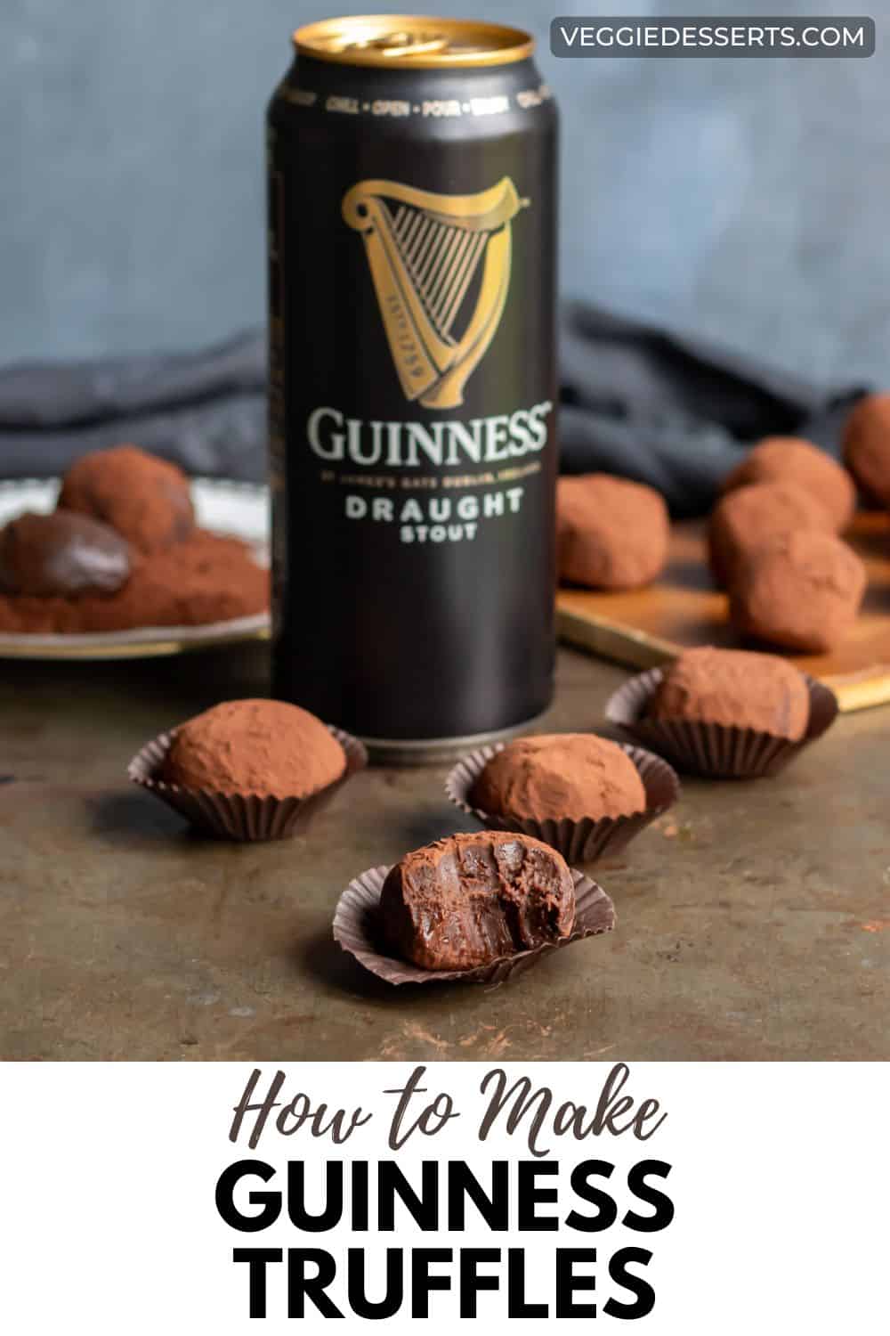 A table with a can of beer and truffles, with text: How to Make Guinness Truffles.