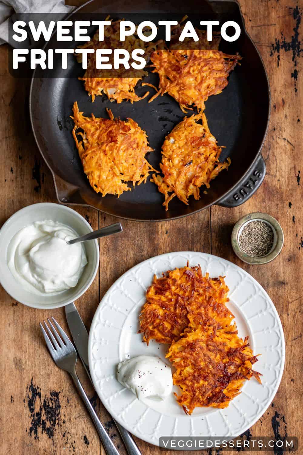 Table with a skillet of sweet potato fritters and two on a plate, with title: Sweet Potato Frittters.