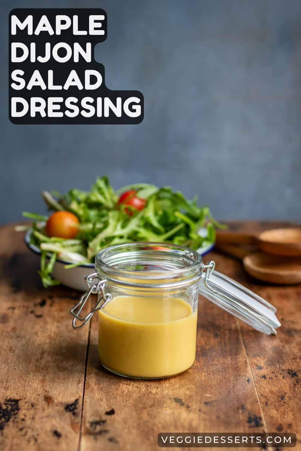 Jar of salad dressing, with text: Maple Dijon Salad Dressing.