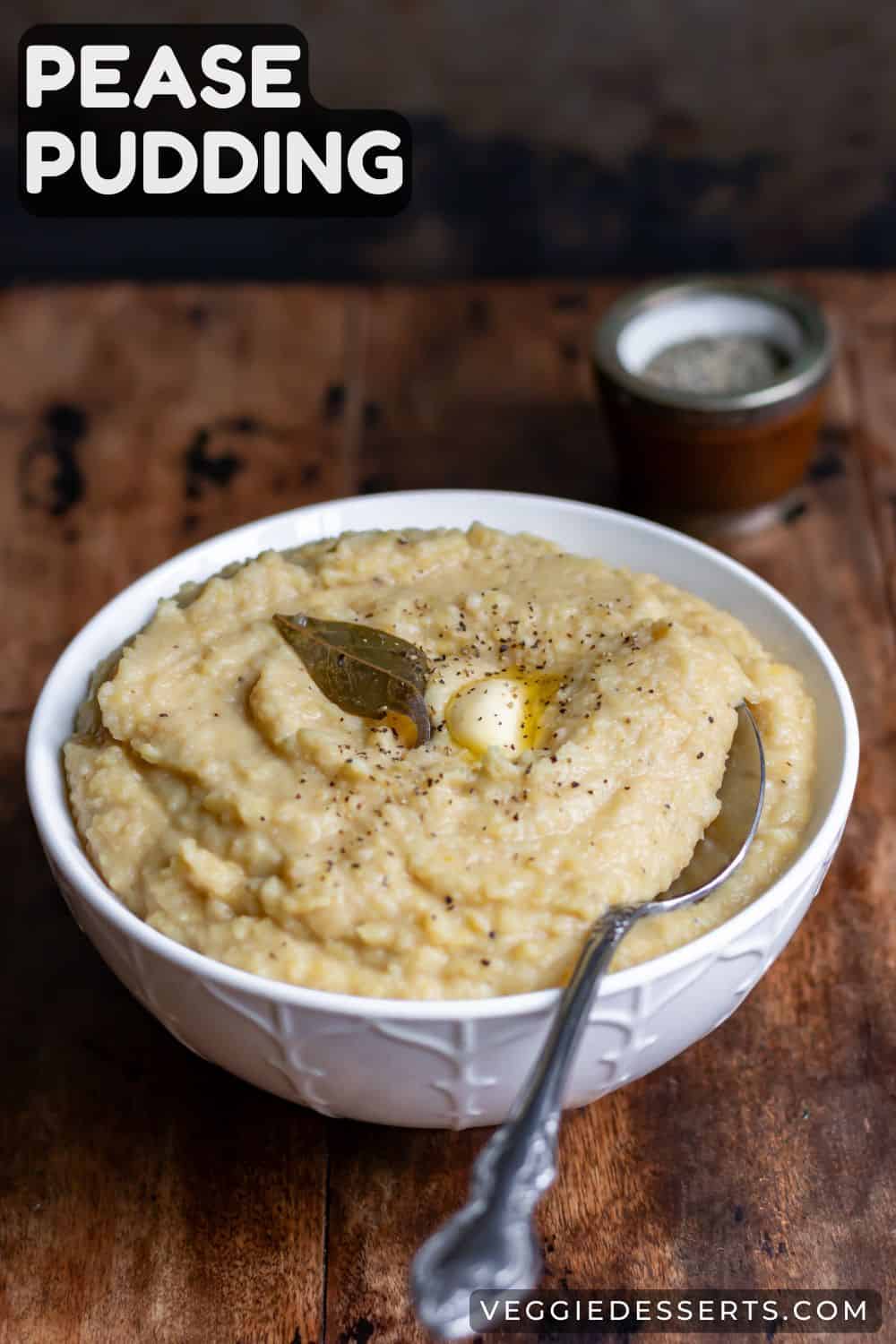 Bowl of cooked split peas, with text: Pease Pudding.