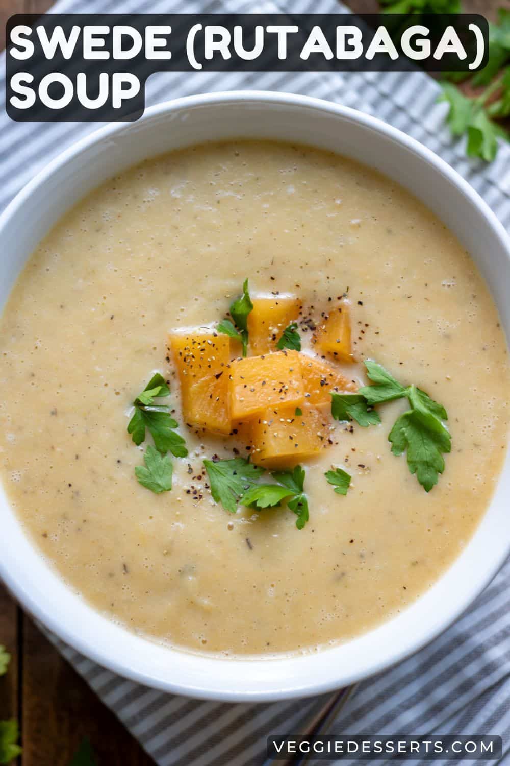 Bowl of soup, with text: Swede Rutabaga Soup.