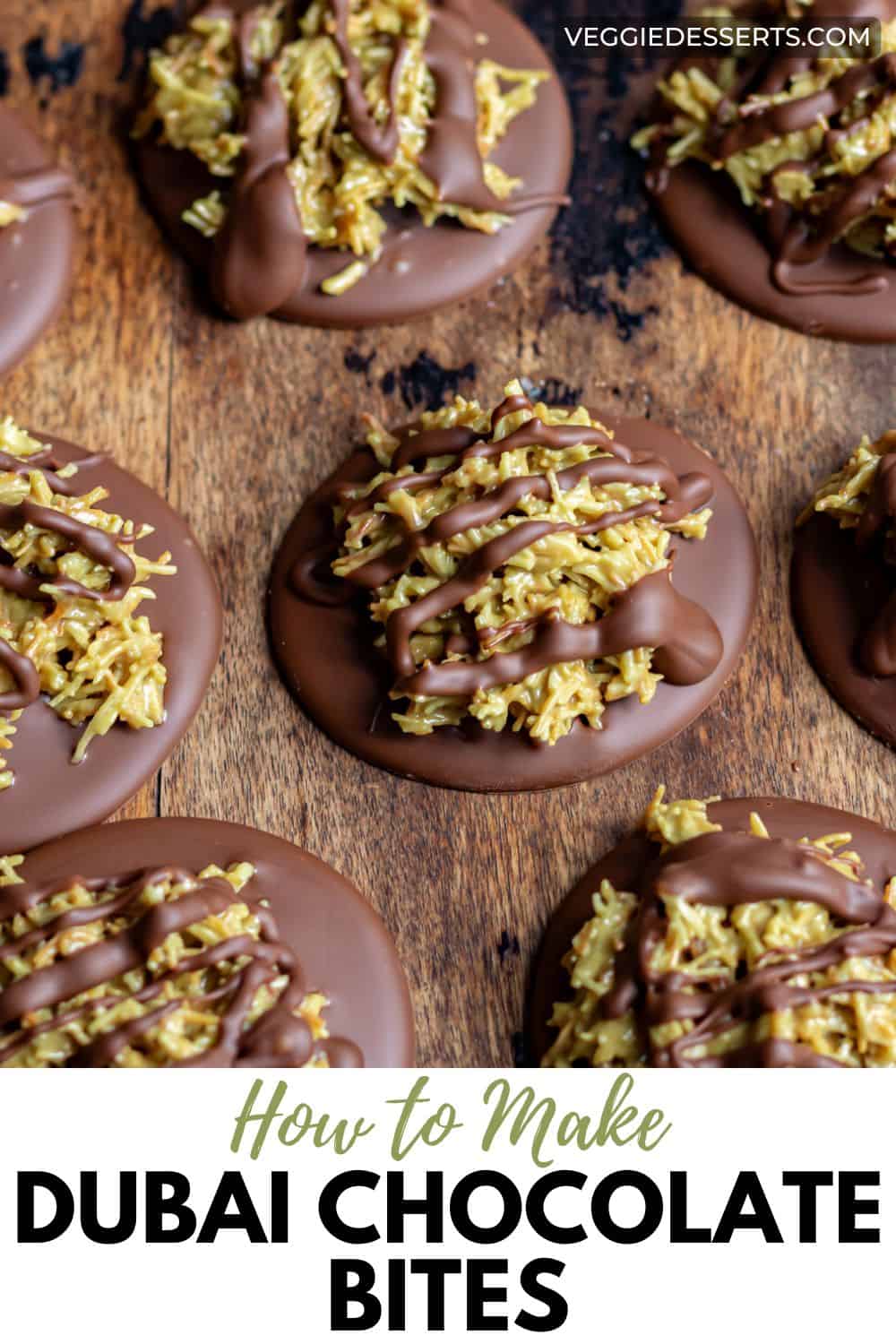 Rows of chocolates with pistachio topping, with text: How To Make Dubai Chocolate Bites.