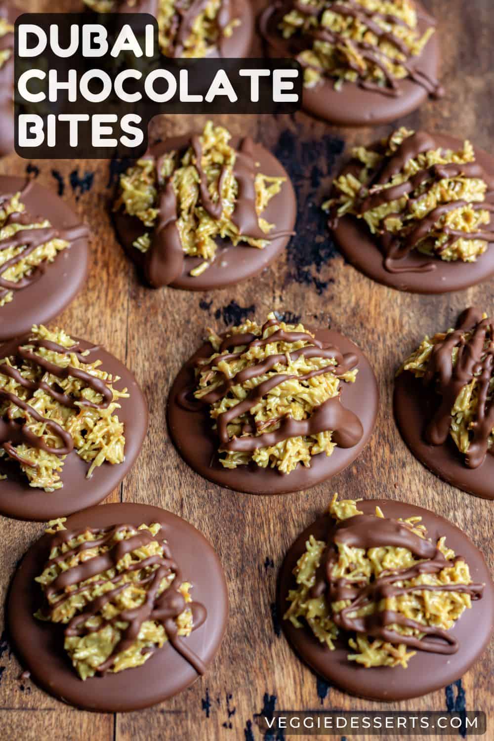 Rows of chocolates with pistachio, with text: Dubai Chocolate Bites.