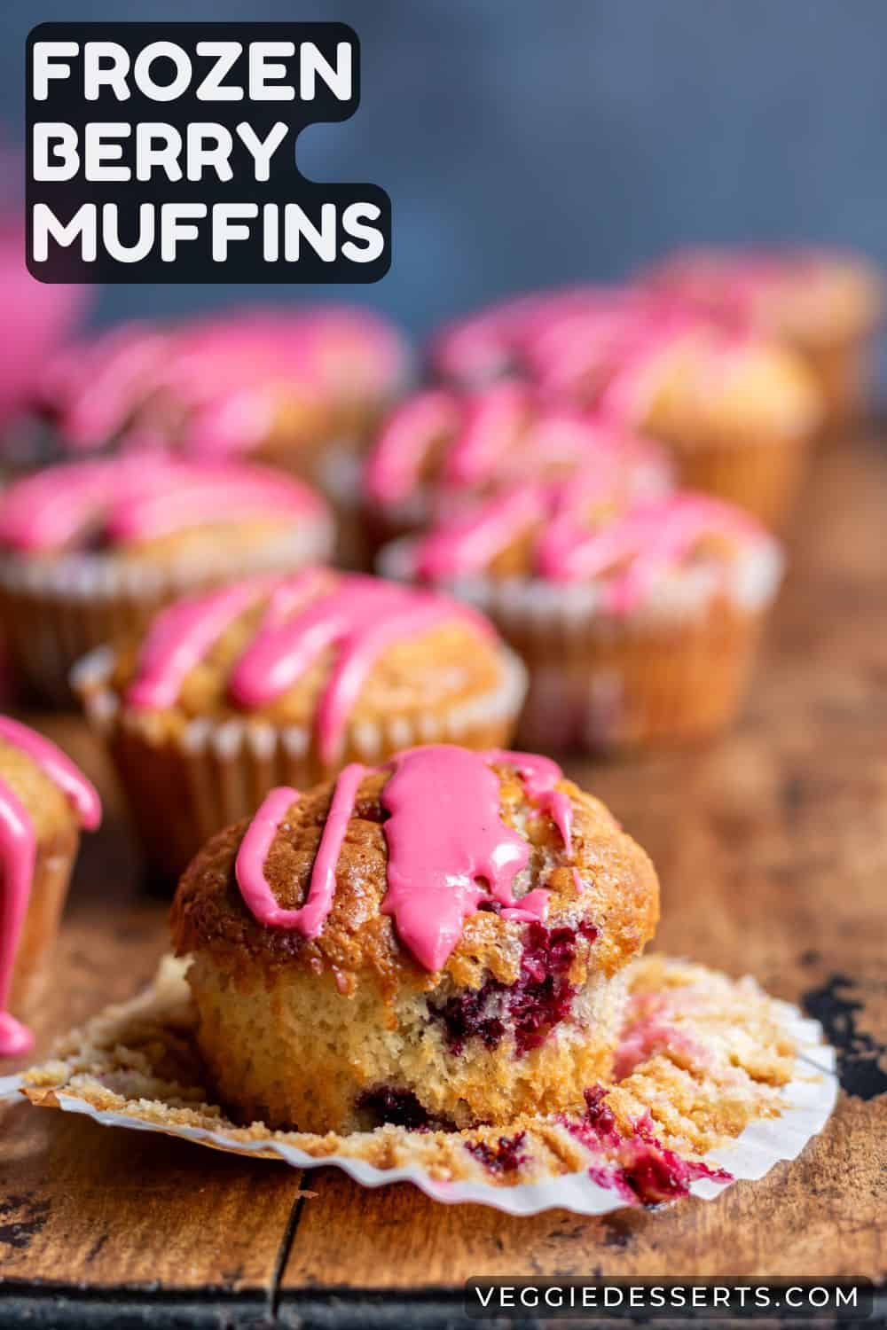 Muffins on a table, with text: Frozen Berry Muffins.