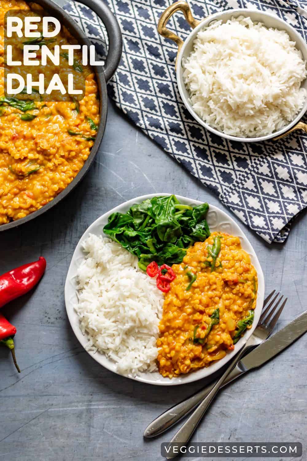 Red lentil dal with rice and spinach.