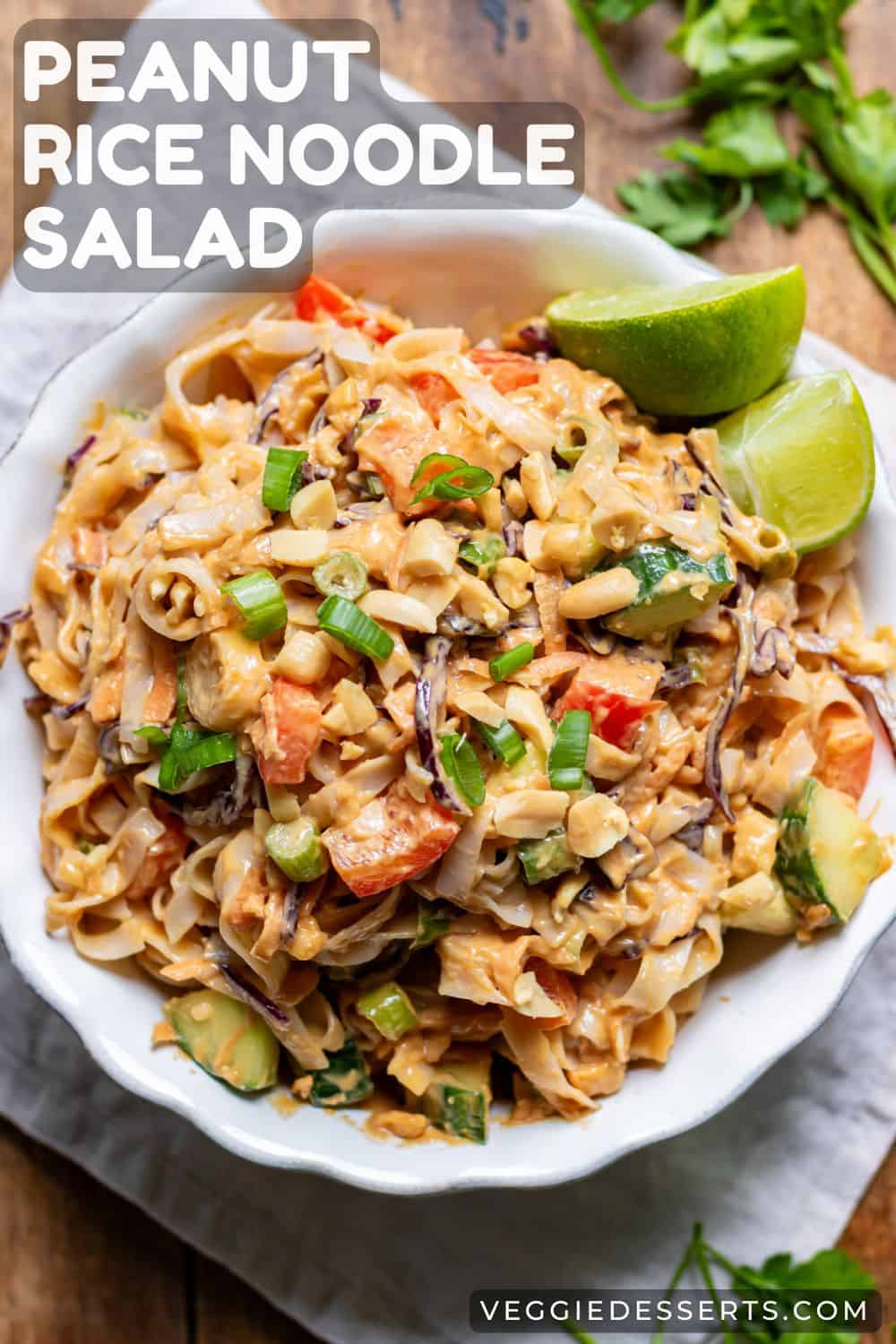 Bowl of salad, with text: Peanut Rice Noodle Salad.