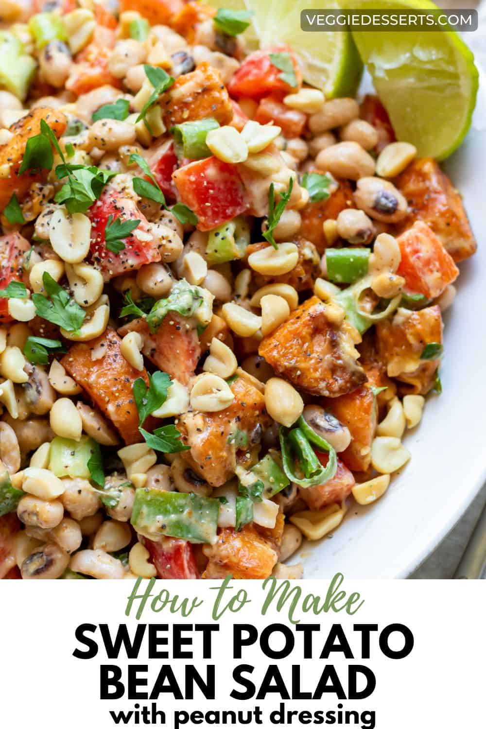 Bowl of bean salad, with text: How to Make Sweet Potato Bean Salad with Peanut Dressing.